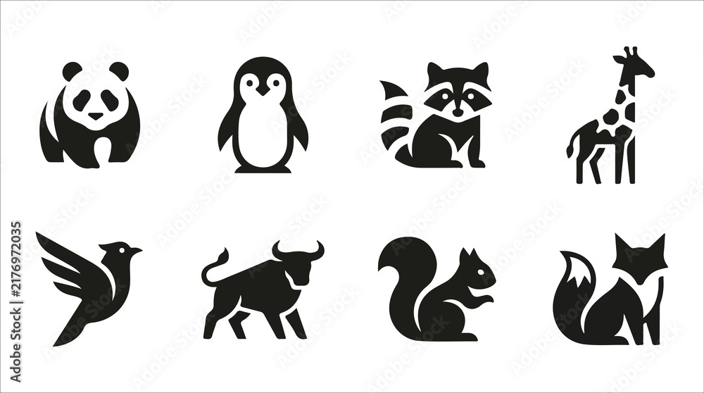 Fototapeta premium Set of cute wild animals and birds solid glyph icons isolated on white background. Vector illustration of panda bear, penguin, raccoon, giraffe, flying bird, bull, squirrel, and fox silhouettes.