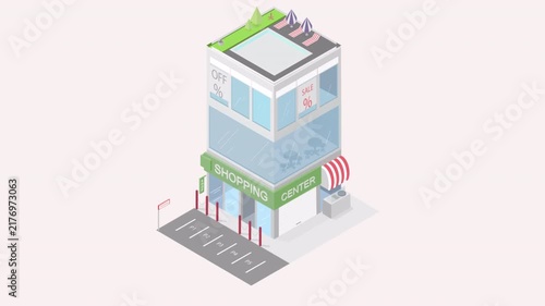 Isometric animation showing the growth and development of a modern shopping center building.