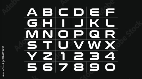 Modern futuristic vector typeface design featuring bold white sans serif letters and numbers on dark grid