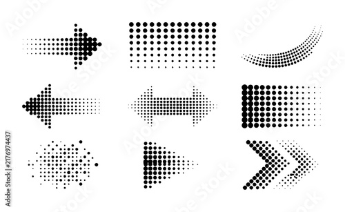 Collection of various black halftone arrows and geometric shapes isolated on a white background for projects