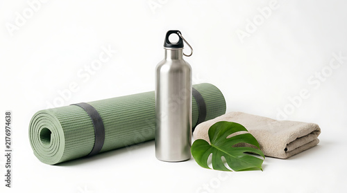 Reusable water bottle with yoga mat and green leaves isolated on white background, fitness concept for hydration, wellness, exercise, sustainability and healthy lifestyle daily use