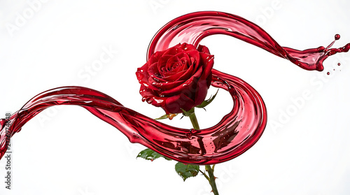 Rose colored syrup splash isolated on white background, flowing pink liquid with dynamic curves and droplets for beverage advertising, food design, beauty, cosmetics and ideas stock