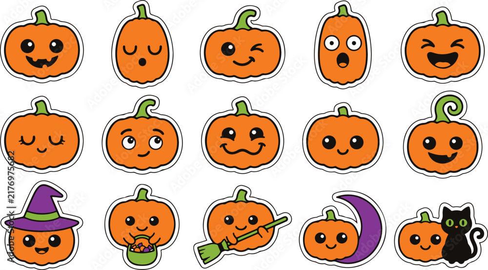 Fototapeta premium Halloween Pumpkins Sticker Set with Cute Faces and Witch Elements. Festive Autumn Design
