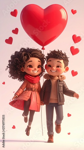 Cute Valentine Couple Sticker, Cute Valentine Couple Holding Balloon in Adorable Scene