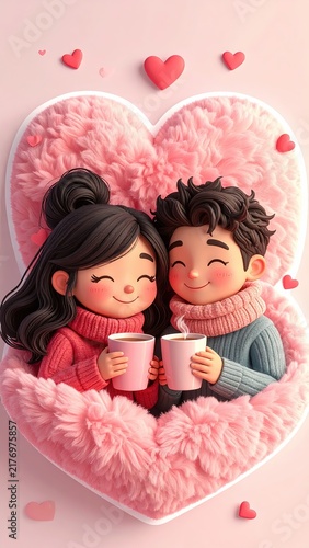 Cute Valentine Couple Sticker, Cute Couple Enjoying Cocoa on Valentine’s Day