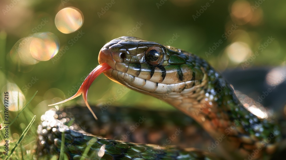 Obraz premium Close-up of a green and black patterned snake with its tongue flicking out, resting on grass with blurred bokeh background highlighting natural habitat