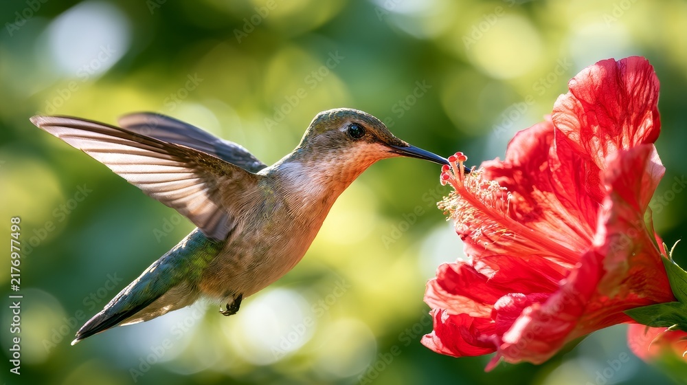 Obraz premium Hummingbird hovering near vibrant red hibiscus flower with blurred green foliage in the background, showcasing intricate wing details and colorful plumage