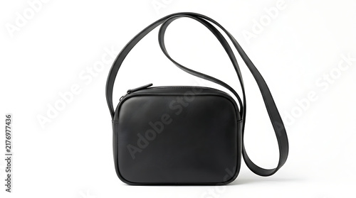 Single crossbody bag isolated on white background, smooth black leather handbag with curved strap for fashion, accessories, shopping, clothing, lifestyle and modern product display