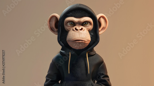 3D illustration of a cool chimpanzee character wearing a black hooded sweatshirt