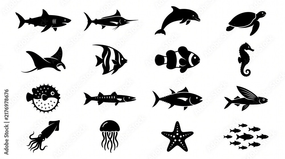 Obraz premium Black Fish Silhouette Collection on White Background