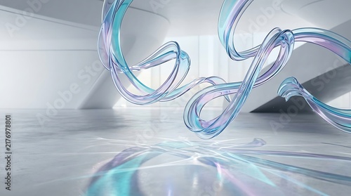 Futuristic Transparent Glass Ribbons Floating in a Modern Minimal Interior