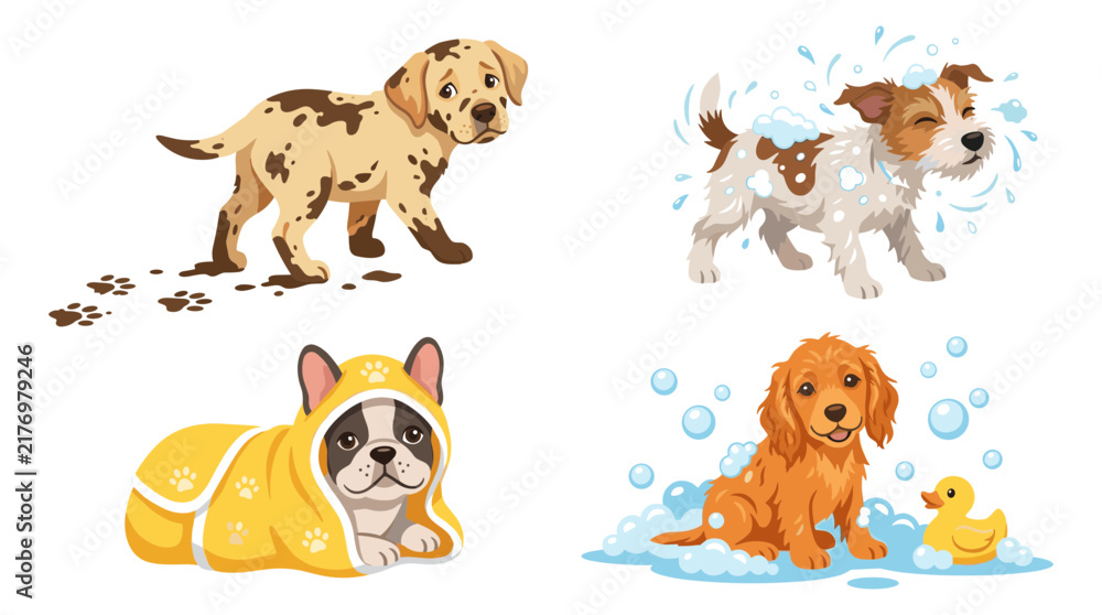 Obraz premium Set of four cartoon dogs, including a muddy puppy, a dog shaking off water, a french bulldog in a yellow towel, and a puppy in a bubble bath with a rubber duck