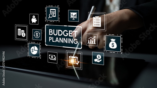 Quadro su tela Digital Budget Planning Concept with Financial Icons and Touchscreen Interface for Effective Money Management and Strategy Development