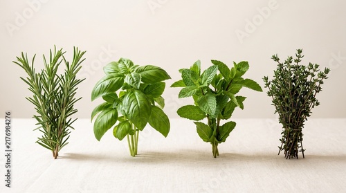 Fresh culinary herbs collection, rosemary basil mint and thyme sprigs, organic green herb assortment on neutral background
