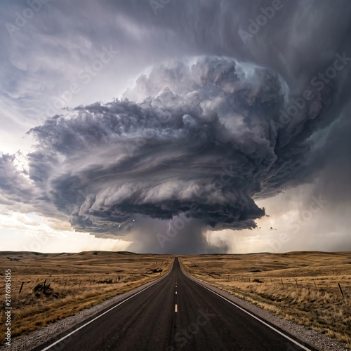 Dramatic Supercell Storm Over Prairie Landscape with Dark Clouds