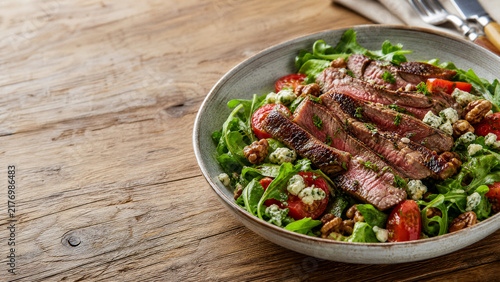 Gourmet steak salad with sliced medium-rare beef, cherry tomatoes, blue cheese, and walnuts in a rustic bowl on a wooden surface