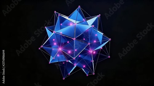 Rotating blue 3D polyhedron with glowing purple nodes for blockchain technology campaign video loop
