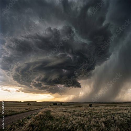 Dramatic Supercell Storm Over Prairie Landscape with Dark Clouds