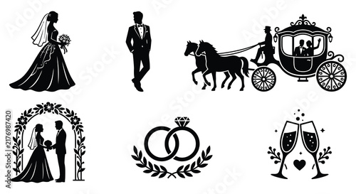 Wedding elements including bride groom carriage and rings in black silhouette style