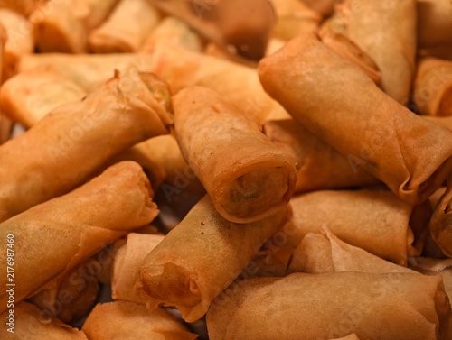 Close-up of golden fried spring rolls