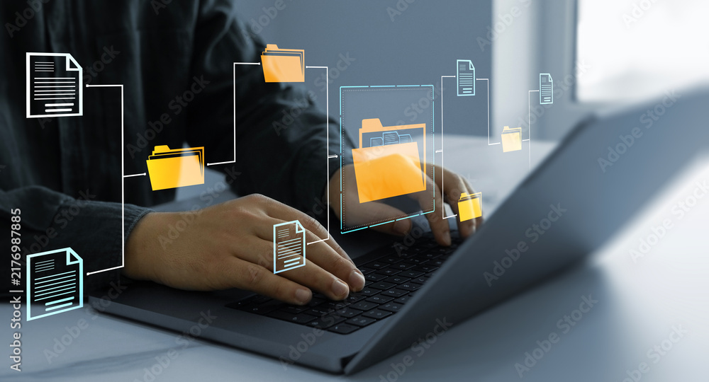 Naklejka premium Process automation to efficiently manage files. Businesswoman working on laptop with virtual screen. Online documentation database and document management system concept. 
