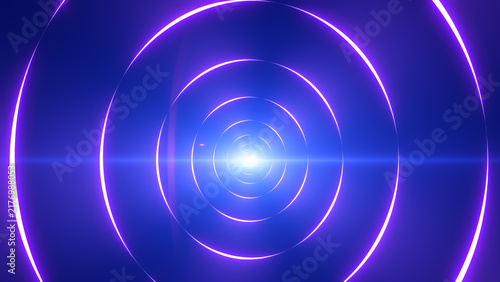 Abstract purple circular neon rings receding into a bright center, forming a sleek futuristic tunnel background.