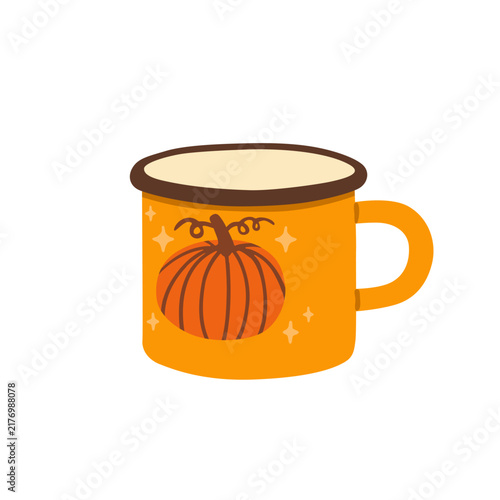 Flat vector illustration of an orange autumn mug decorated with a pumpkin, isolated cozy fall drinkware.