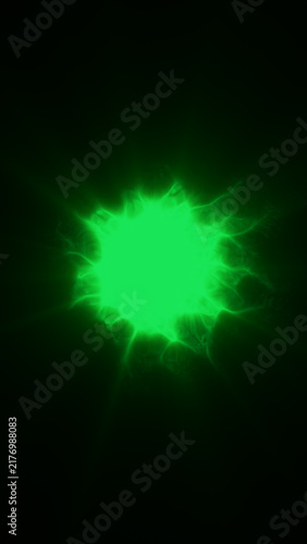 Bright green plasma orb with electric flame-like tendrils glowing against a black background, representing power, radiation, and quantum energy.