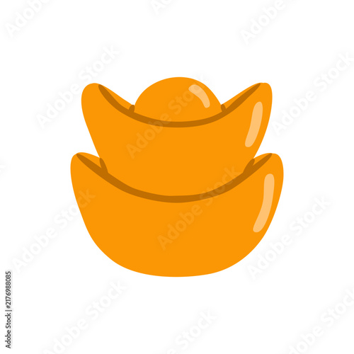 Flat vector illustration of two golden Chinese ingots representing wealth, fortune and prosperity for Lunar New Year, isolated on a white background.