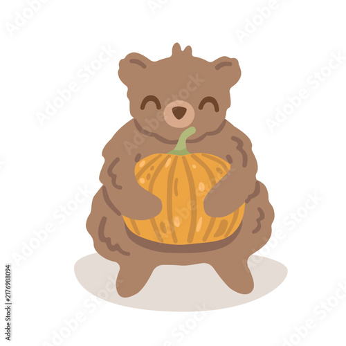 Cute bear hugging a pumpkin during autumn harvest. Adorable woodland animal character isolated on white background . Flat vector illustration.