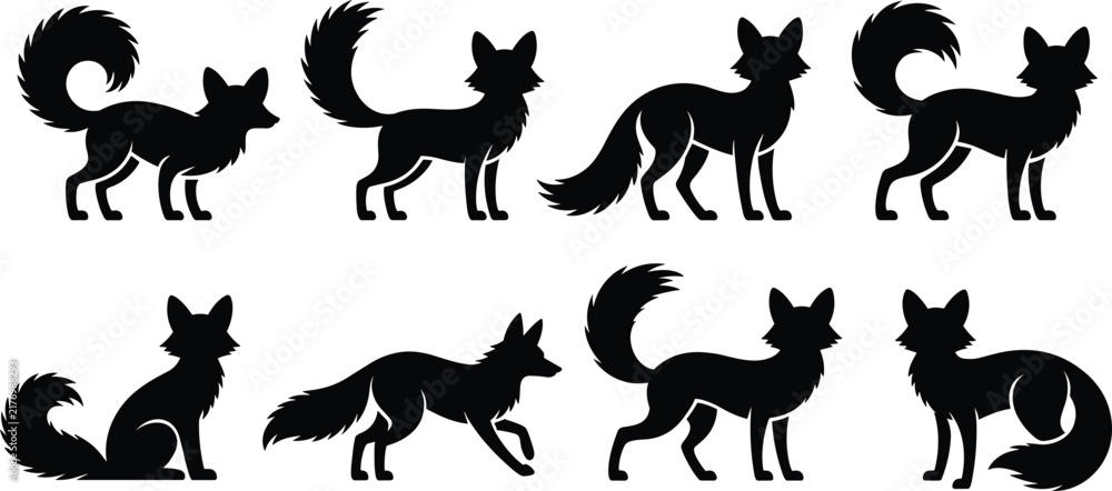 Obraz premium Collection of eight fox silhouettes in various poses including standing, sitting, walking, and looking, presented as black on a plain white background, for use