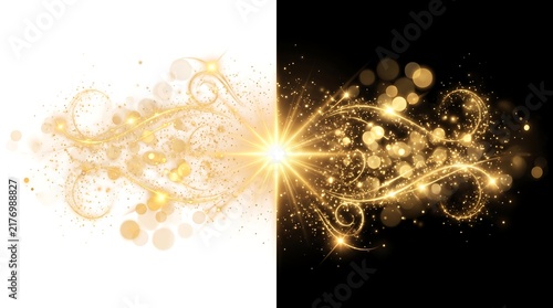 Golden glitter sparkles with light rays and swirl elements on split black and white background