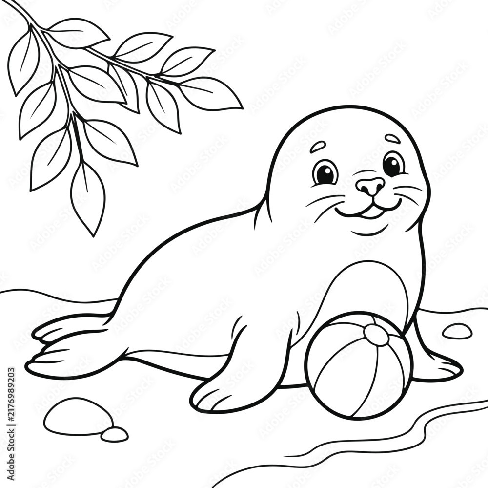 Obraz premium Cute baby seal with a ball coloring page for kids