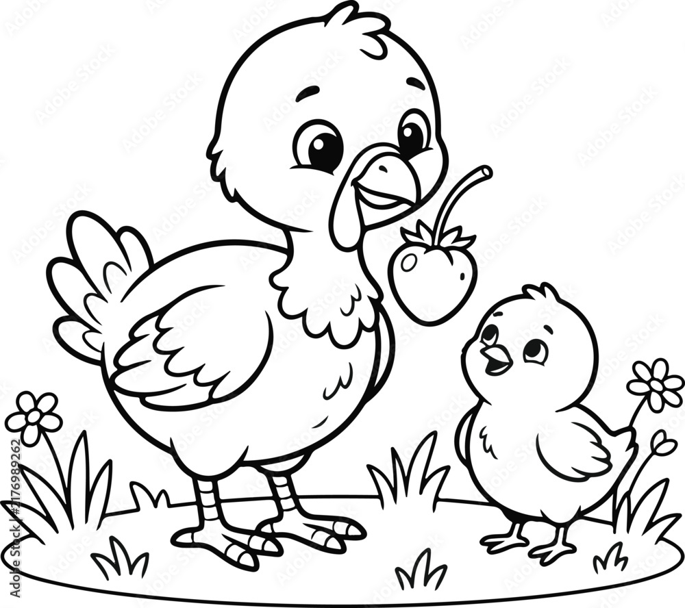 Fototapeta premium Cute cartoon turkey bird feeding a small chick with a strawberry, coloring page for kids