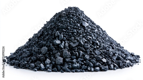 A heap of dark, crushed mineral fragments is piled high against a white background.