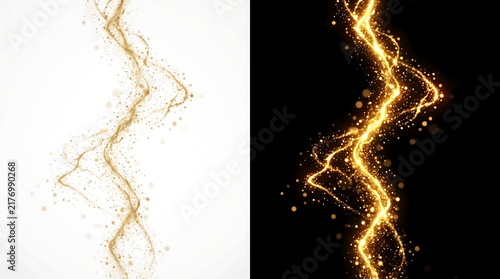 Abstract golden light wave with sparkling particles isolated on white background and black background