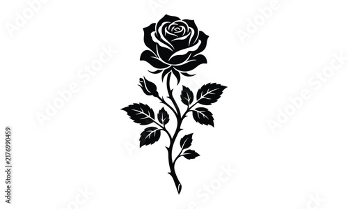 Black rose flower silhouette with thorny stem and leaves isolated on white background