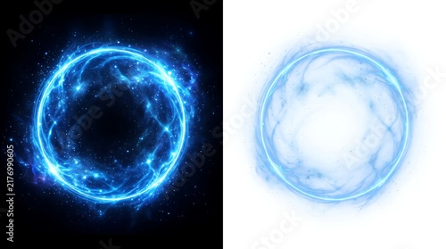Abstract blue energy portal ring with glowing particles and magical light effects on black and white backgrounds