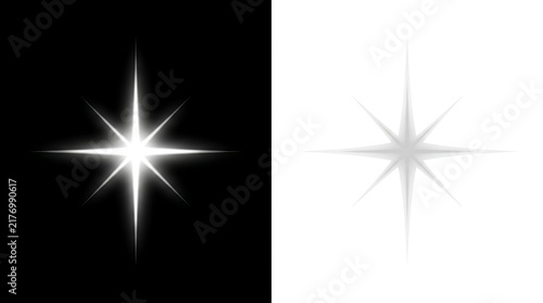 Glowing eightpointed star shape with soft light rays, abstract sparkle design element