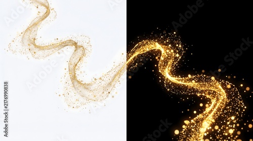 Golden glitter wave trail isolated on white background and black background