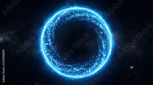 Abstract glowing blue ring of stardust particles swirling in deep space