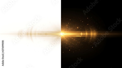 Golden light flare effect with sparkles on split white and black background