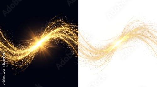 Golden glitter wave with light effect on black and white background