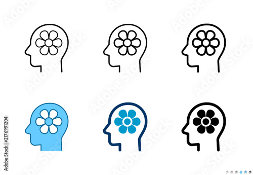 Human head with flower icons in outline and solid styles, Editable stroke.