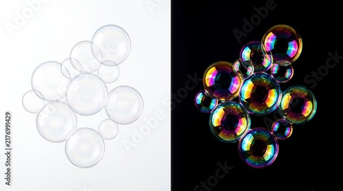 Collection of transparent soap bubbles isolated on white background and black background