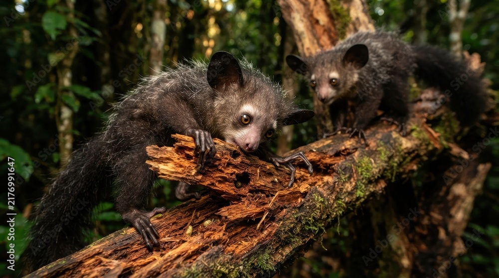 Obraz premium Two aye-ayes perched on a mossy tree branch in a lush rainforest environment
