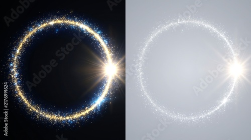 Glowing glitter circle frames with light flare effect on black and white backgrounds
