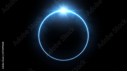 Glowing blue neon circle ring with light flare effect on black background