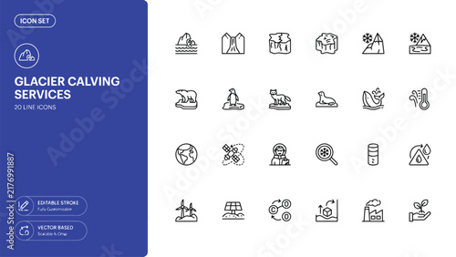 Картината върху платно Set of twenty line icons for glacier calving and environmental services