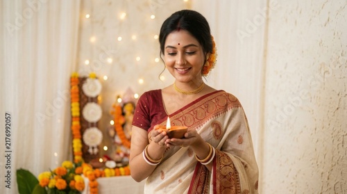 Indian woman in traditional saree holding a lit diya lamp for Diwali festival celebration